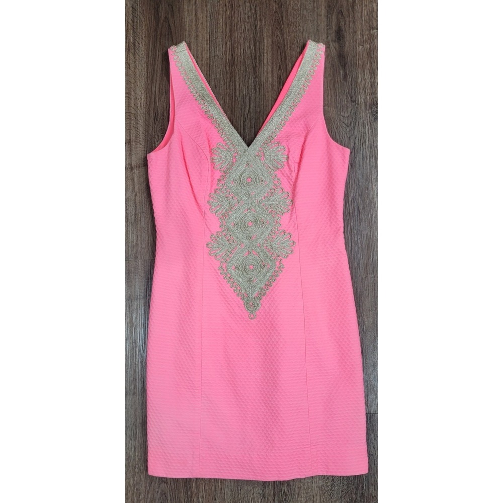 Lilly Pulitzer Junie Shift Dress Womens 0 Coral Reef Pink Gold Embroidered Pique
